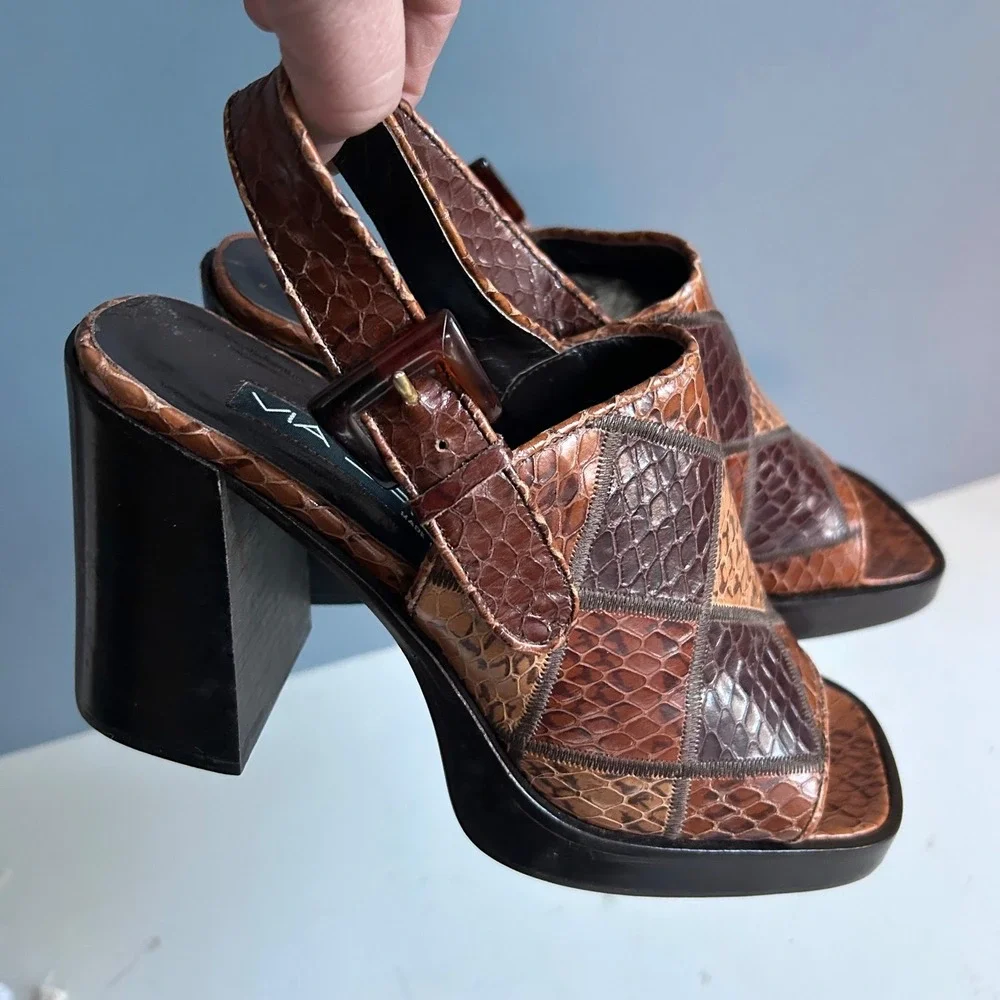 Y2K Via Spiga Patchwork Snakeskin Slingback Block Heel Sandal Brown Size 7 Italy
